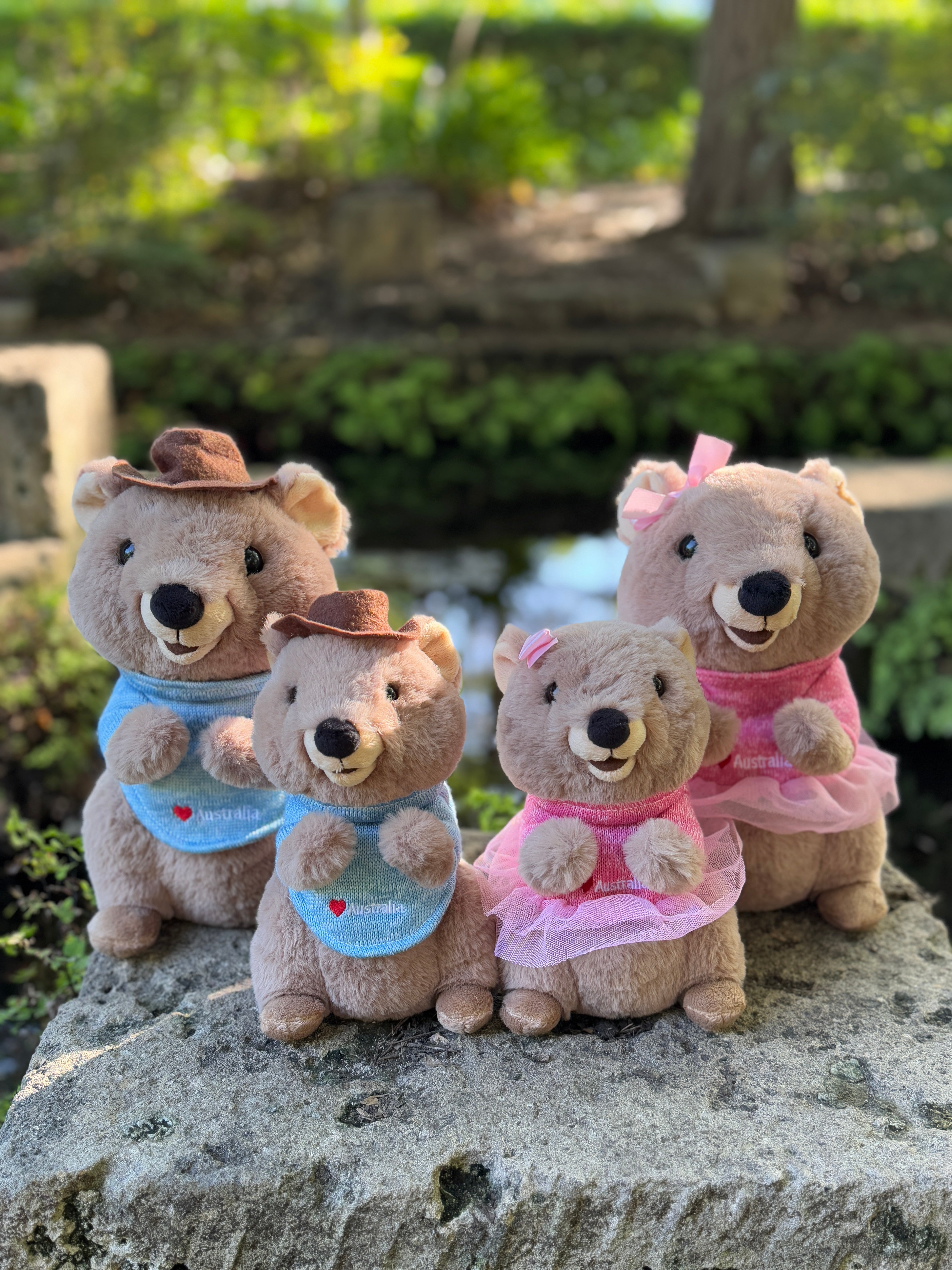 Family of Quokka plush toys featuring 20cm and 25cm boy and girl quokkas from Perth – inspired by Rottnest Island’s happiest animal on Earth, adorable Australian souvenirs.