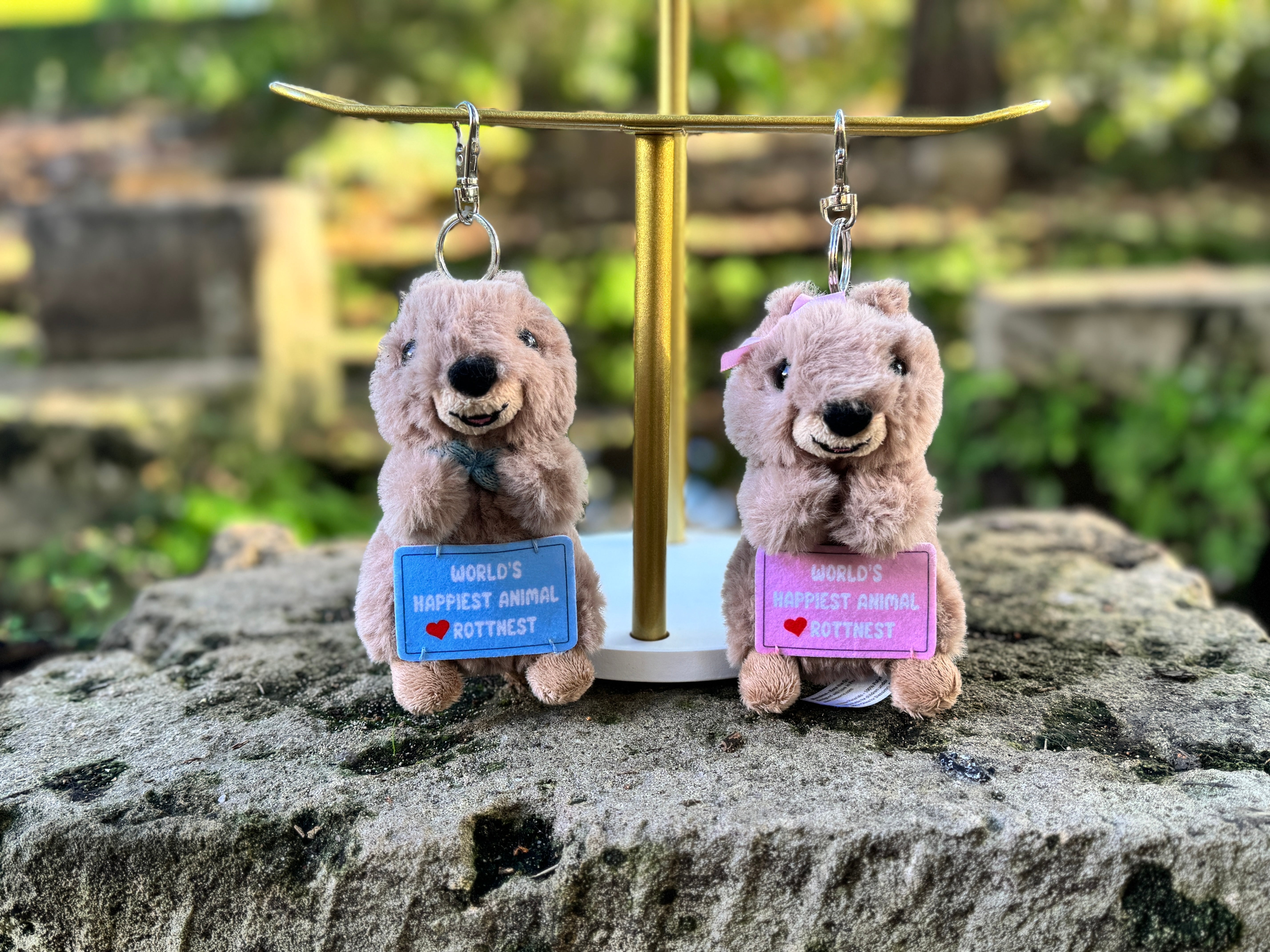 13cm Kora and Zora the Quokka keyrings from Perth inspired by Rottnest Island’s happiest animal on Earth – cute Australian plush souvenirs from Western Australia.