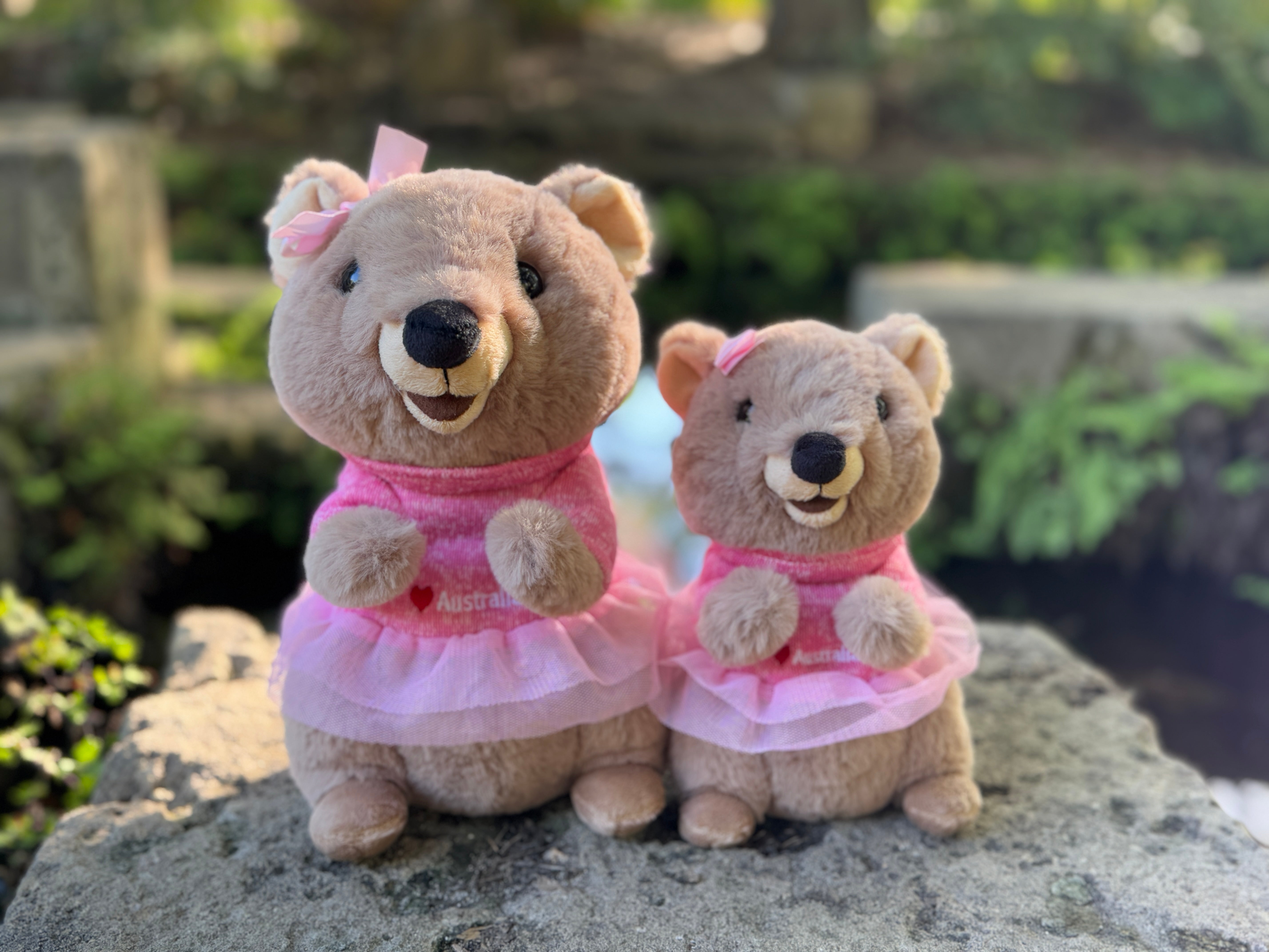 25cm Mikka and 20cm Marlie the Quokka plush toys from Perth standing side by side – inspired by Rottnest Island’s happiest animal on Earth, adorable Australian souvenirs.