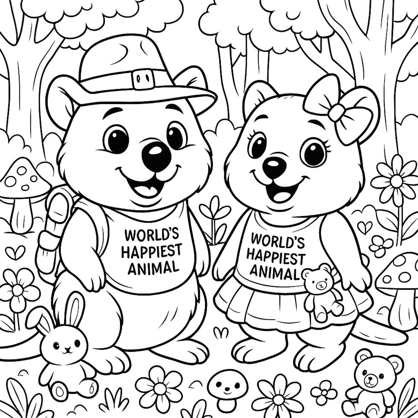 Quokka colouring page inspired by Rottnest Island’s happiest animal on Earth – fun Australian marsupial activity for kids from Perth and Western Australia, featuring smiling Quokkas and family-friendly souvenirs.