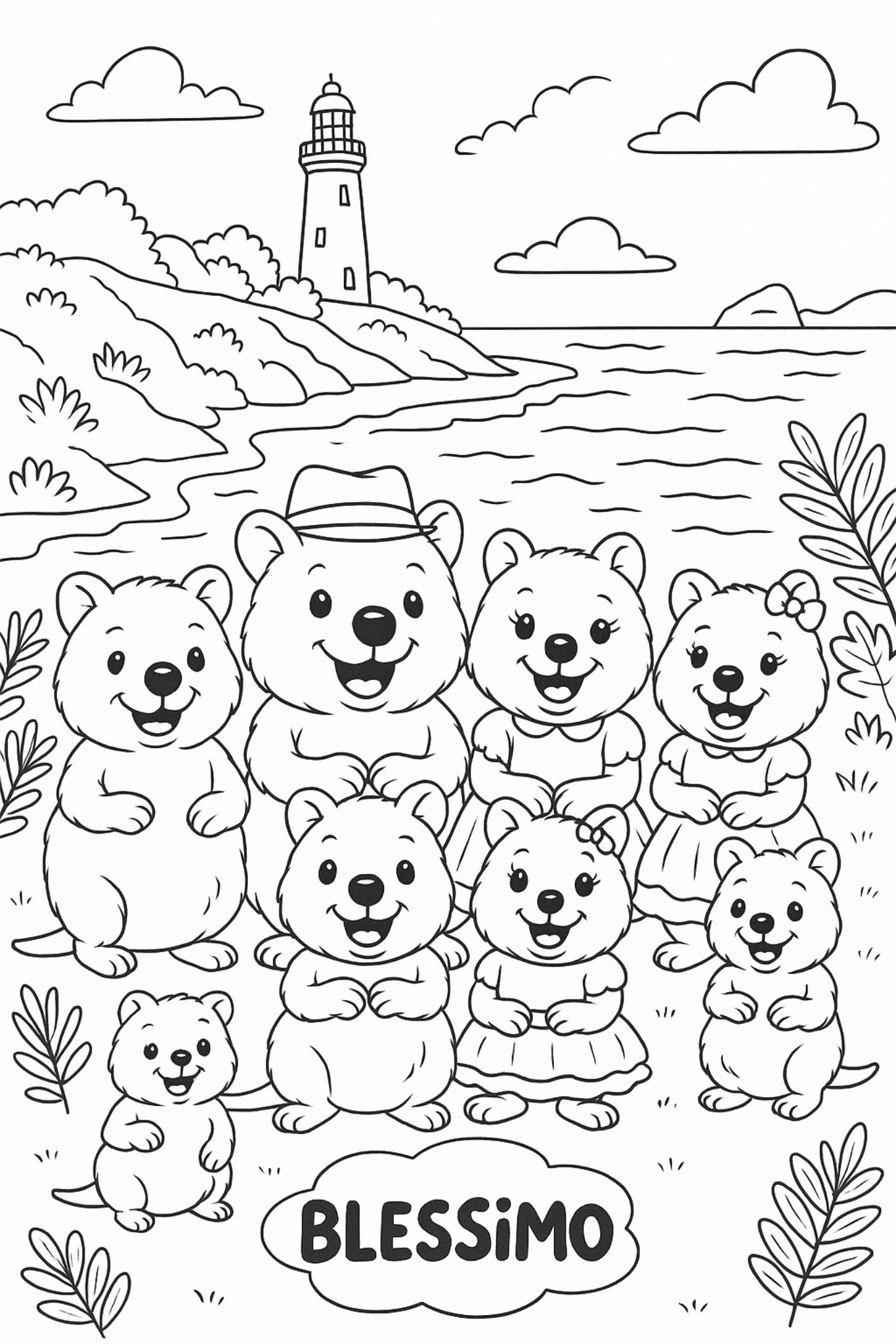 Quokka colouring page inspired by Rottnest Island’s happiest animal on Earth – fun Australian marsupial activity for kids from Perth and Western Australia, featuring smiling Quokkas and family-friendly souvenirs.