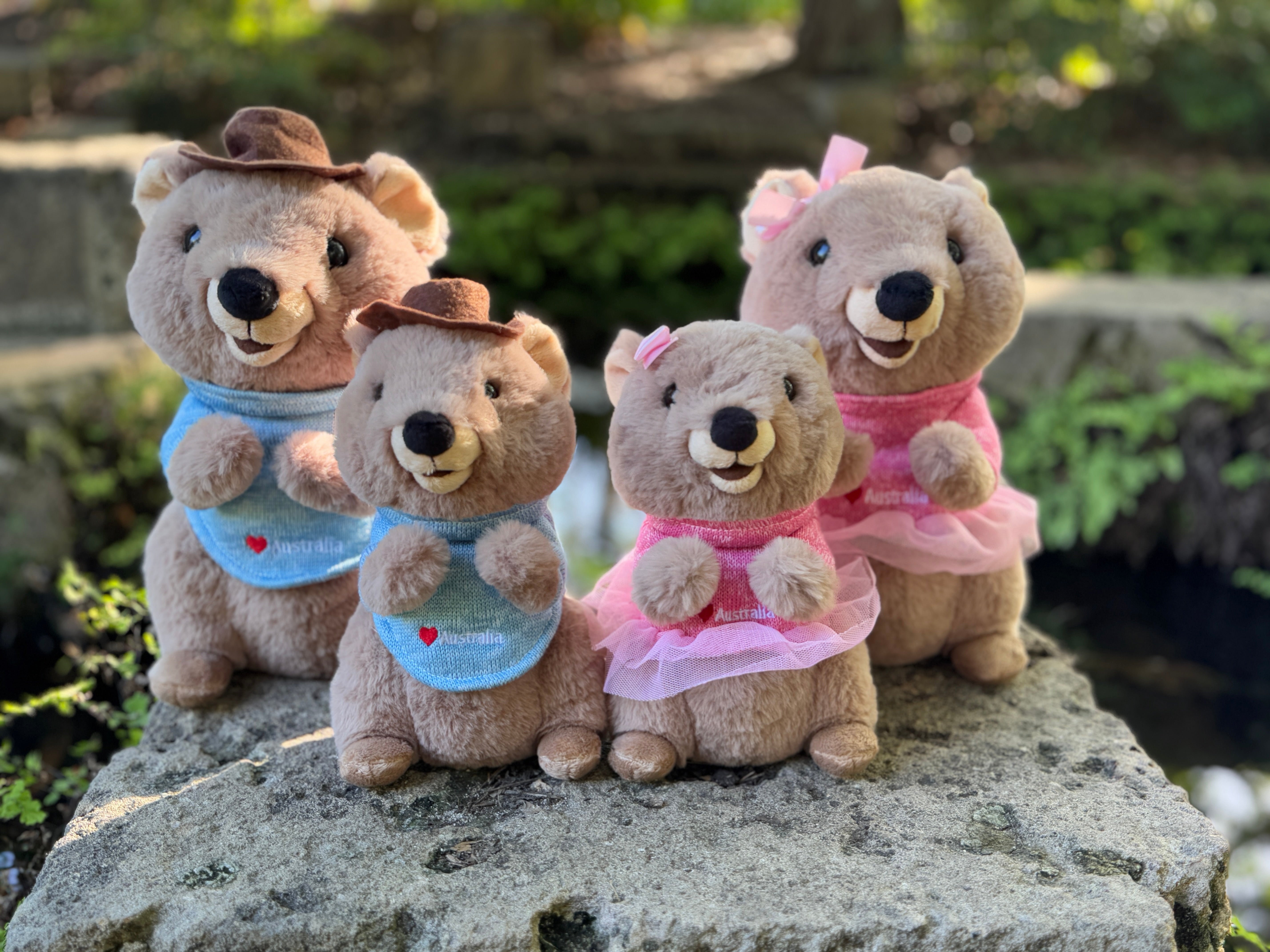 Family of Quokka plush toys – Mokka, Mikka, Charlie, and Marlie from Perth inspired by Rottnest Island’s happiest animal on Earth, adorable Australian souvenirs from Western Australia.