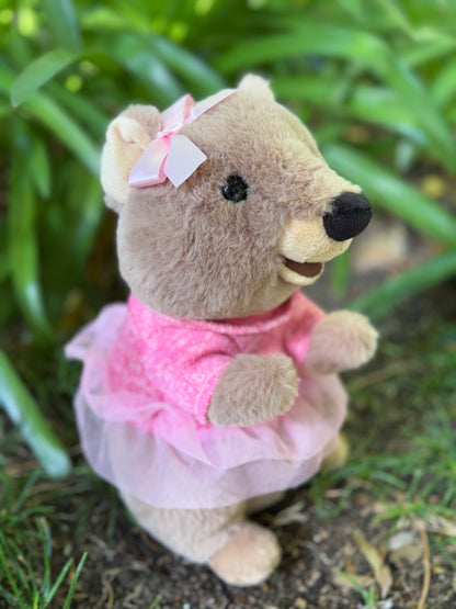 Marlie the Quokka plush toy from Perth featuring a close-up of her pink bow tie – adorable Rottnest Island Australian souvenir.