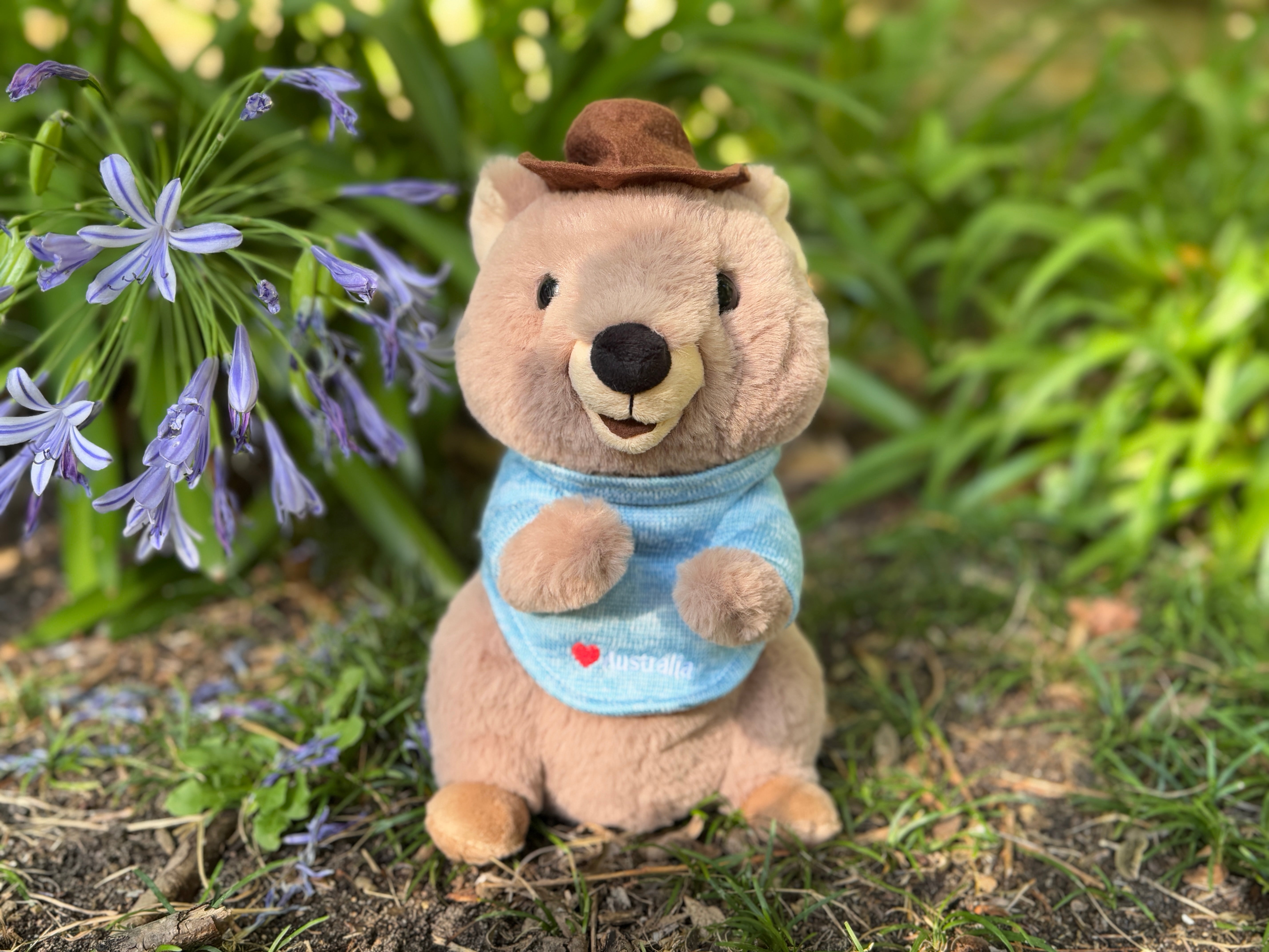 25cm Mokka the Quokka plush toy from Perth in the garden – inspired by Rottnest Island’s happiest animal on Earth, a cute Australian souvenir from Western Australia.