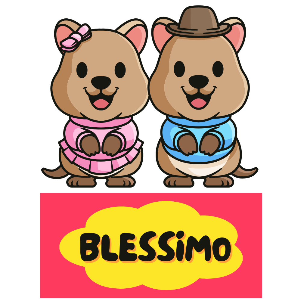 Blessimo company logo with cartoon Quokka boy and girl inspired by Rottnest Island Quokkas from Perth, Western Australia – celebrating the happiest animal on Earth through adorable Australian merchandise and corporate gifts.