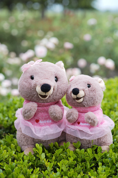 Mikka and Marlie the Quokka plush toys sitting together from Perth, Western Australia – cute Rottnest Island Quokkas, smiling Australian animal plush toys and perfect Perth souvenirs.