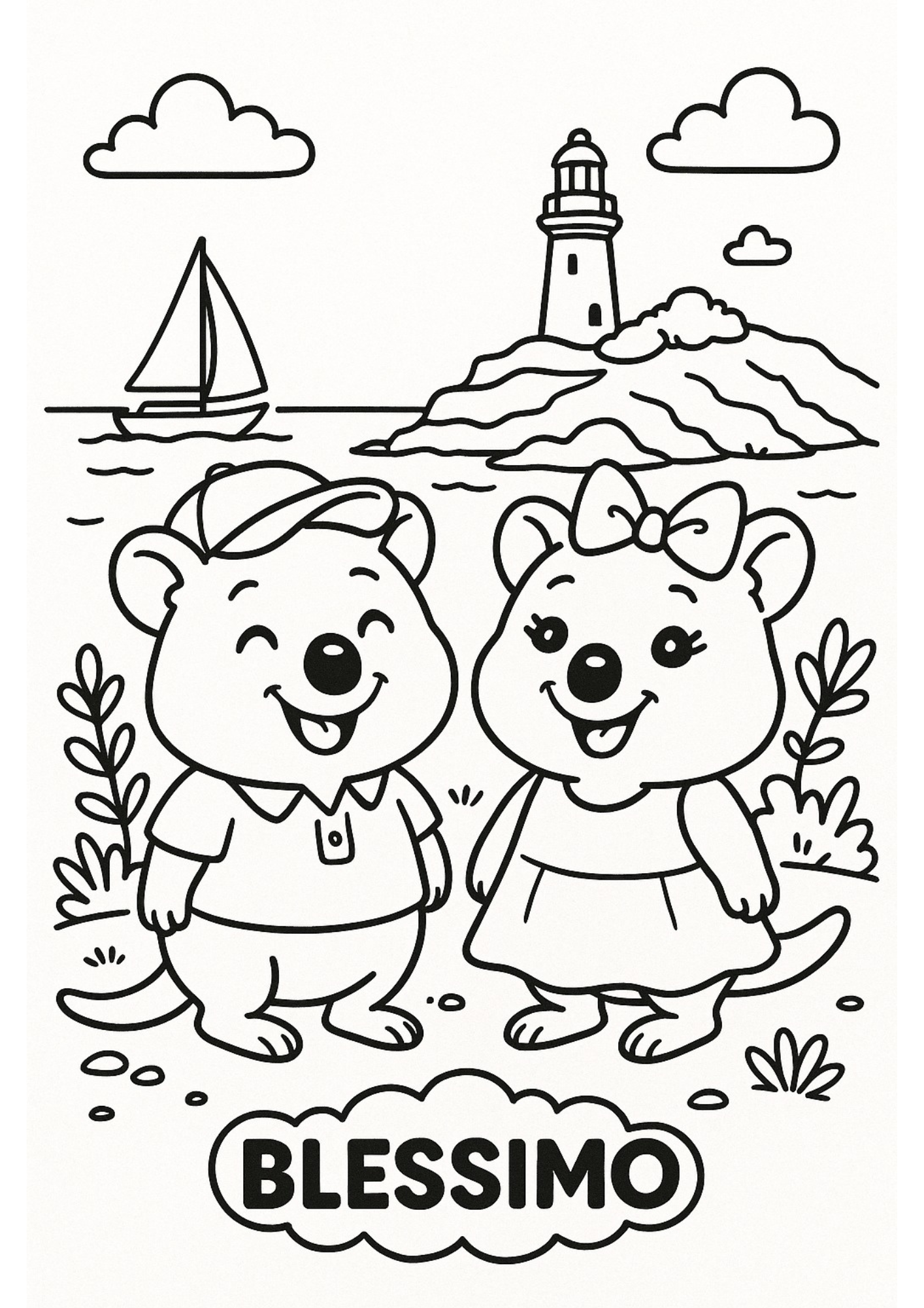 Quokka colouring page inspired by Rottnest Island’s happiest animal on Earth – fun Australian marsupial activity for kids from Perth and Western Australia, featuring smiling Quokkas and family-friendly souvenirs.