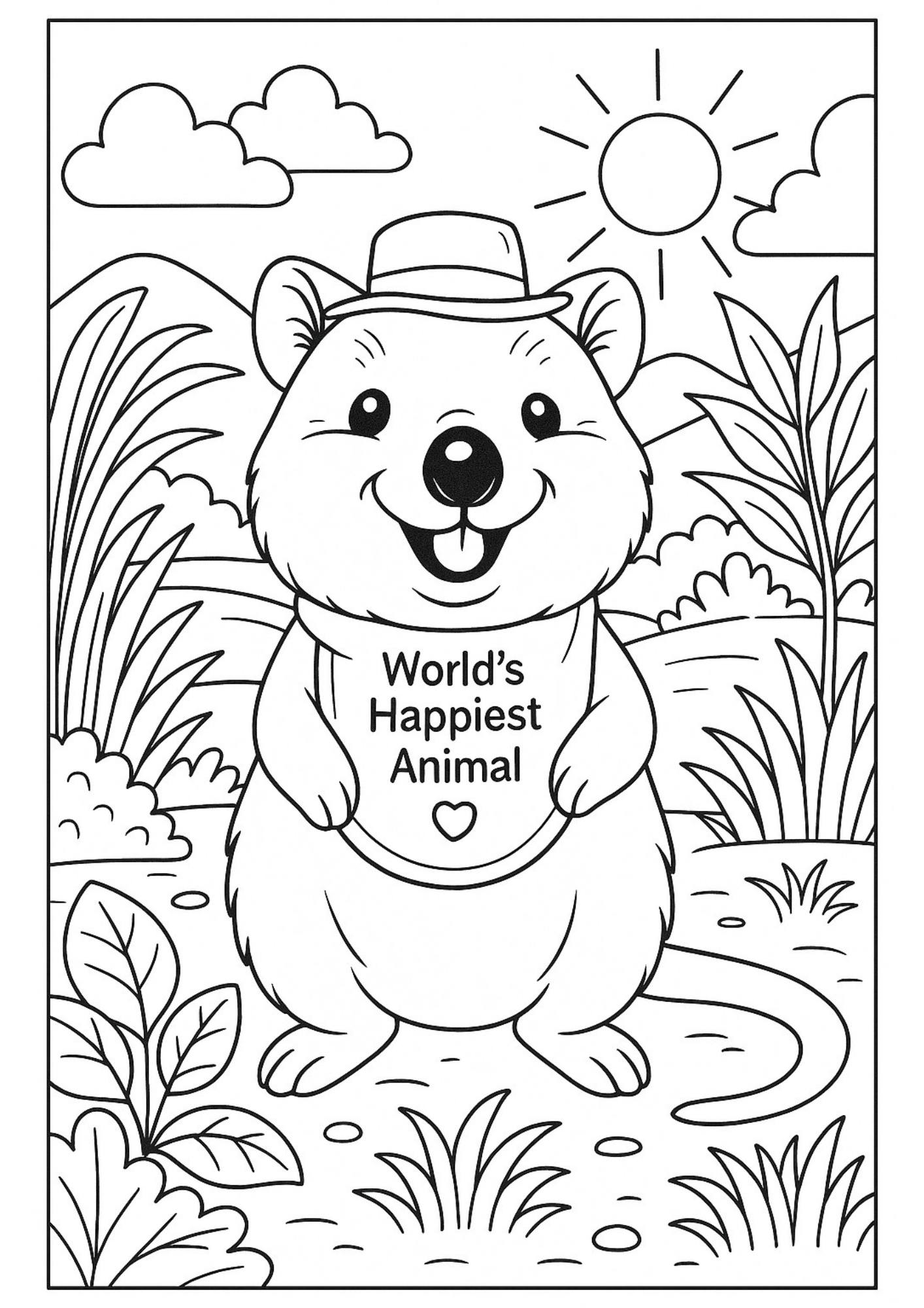 Quokka colouring page inspired by Rottnest Island’s happiest animal on Earth – fun Australian marsupial activity for kids from Perth and Western Australia, featuring smiling Quokkas and family-friendly souvenirs.